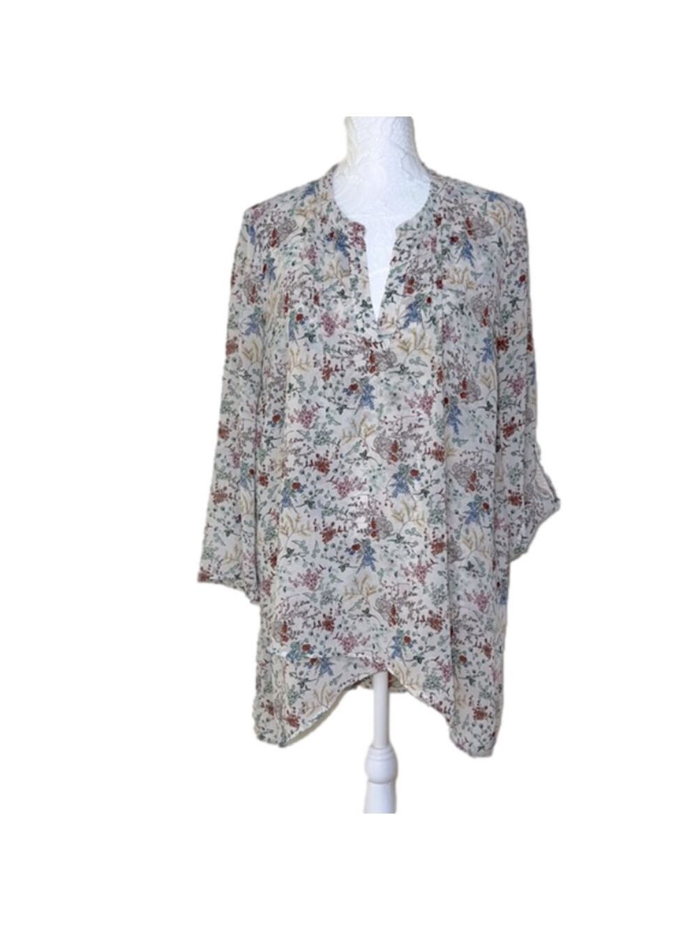 DR2 by Daniel Rainn Multi-Color Floral 3/4 Sleeve Split Neck Tunic Blouse-Sz Med